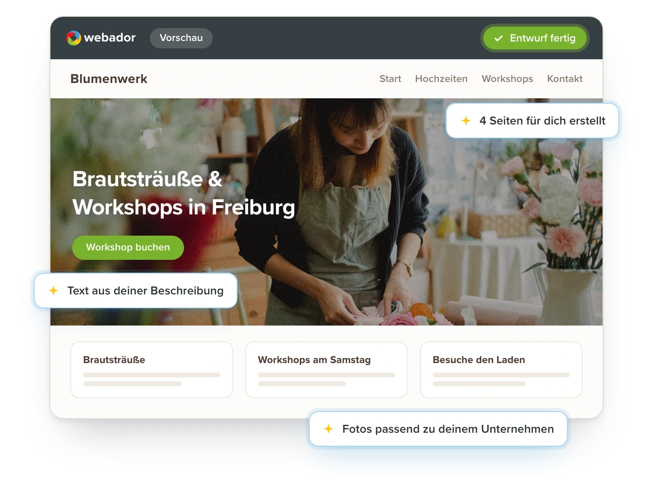 Vorschau einer von KI erstellten Website mit Seiten, Texten und Fotos basierend auf einer Beschreibung